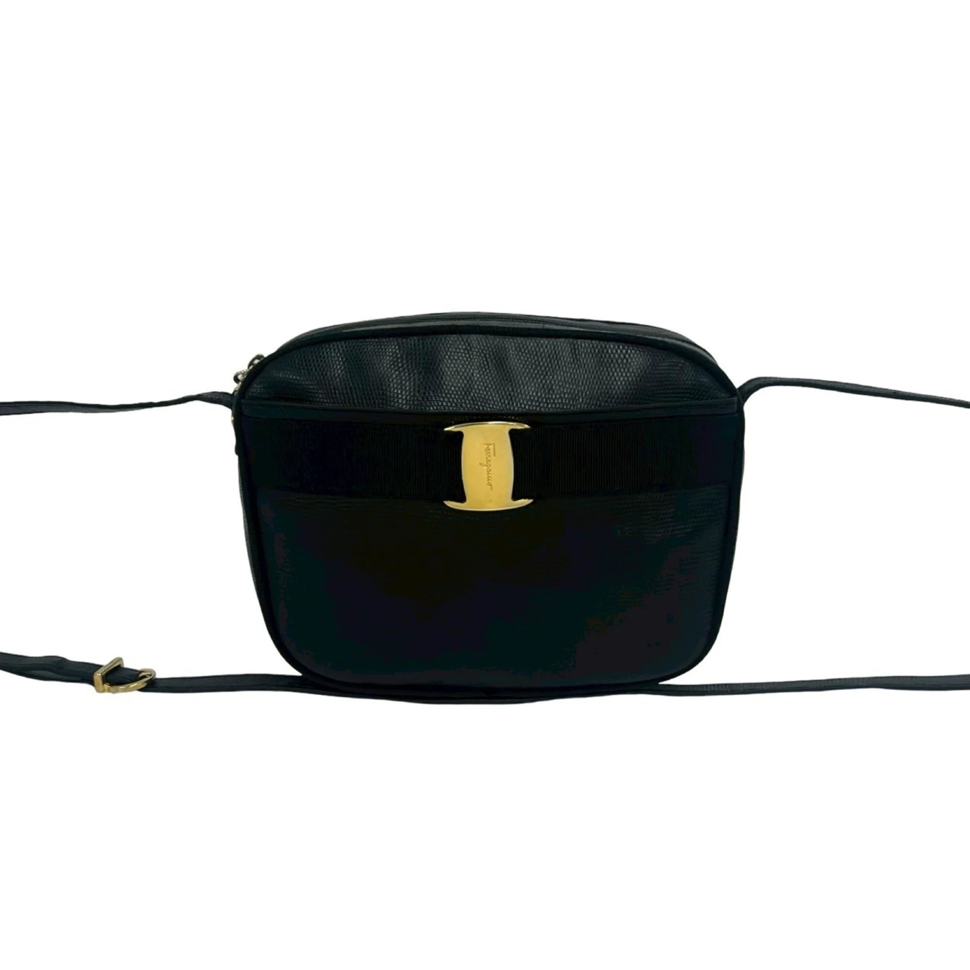 Salvatore Ferragamo Vara Ribbon Hardware Leather Shoulder Bag Pouch Black 92404